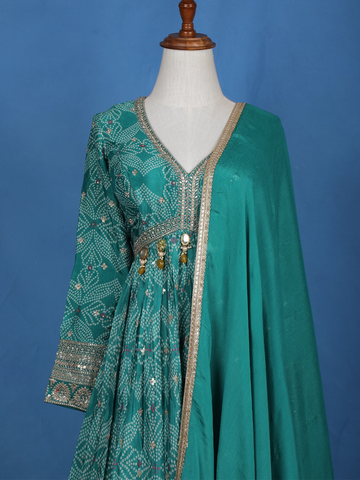 Green Floral Design Bead And Printed Work Georgette Gown - Diadem