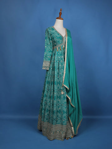 Green Floral Design Bead And Printed Work Georgette Gown - Diadem