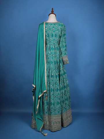 Green Floral Design Bead And Printed Work Georgette Gown - Diadem