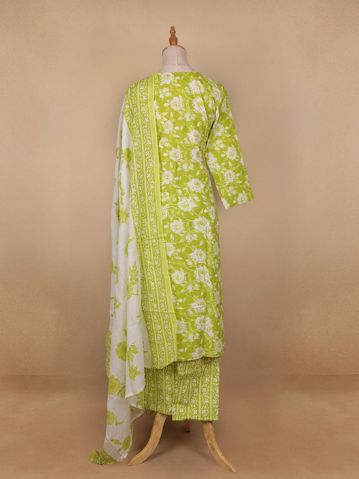 Green Floral Designed Cotton Salwar Suit - Diadem