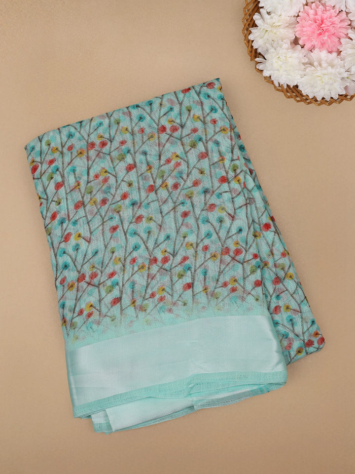 Green Floral Designed Fancy Cotton Saree - Diadem