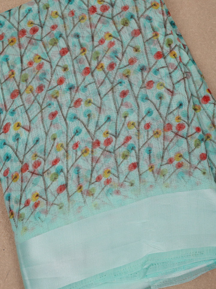 Green Floral Designed Fancy Cotton Saree - Diadem