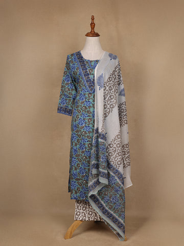 Green Floral Design Printed Cotton Salwar Suit - Diadem