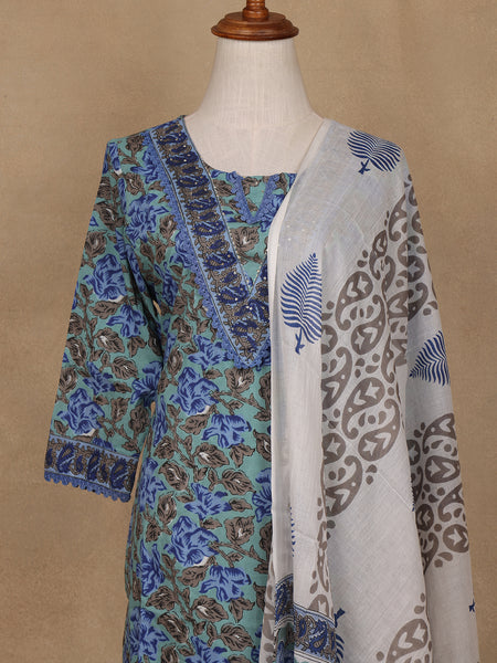 Green Floral Design Printed Cotton Salwar Suit - Diadem