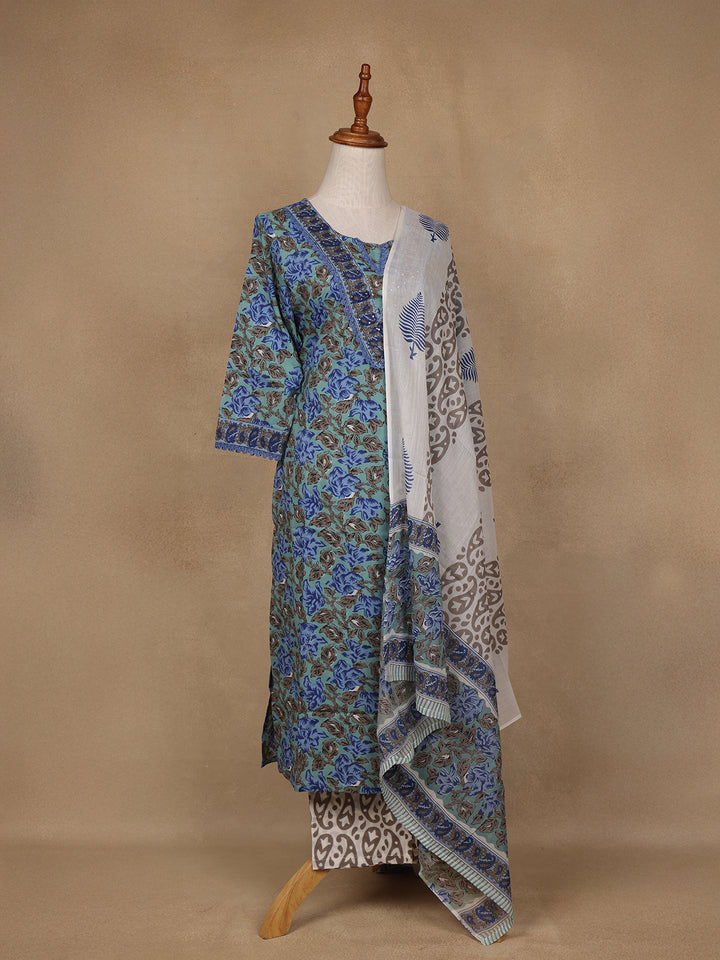 Green Floral Design Printed Cotton Salwar Suit - Diadem