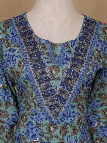 Green Floral Design Printed Cotton Salwar Suit - Diadem