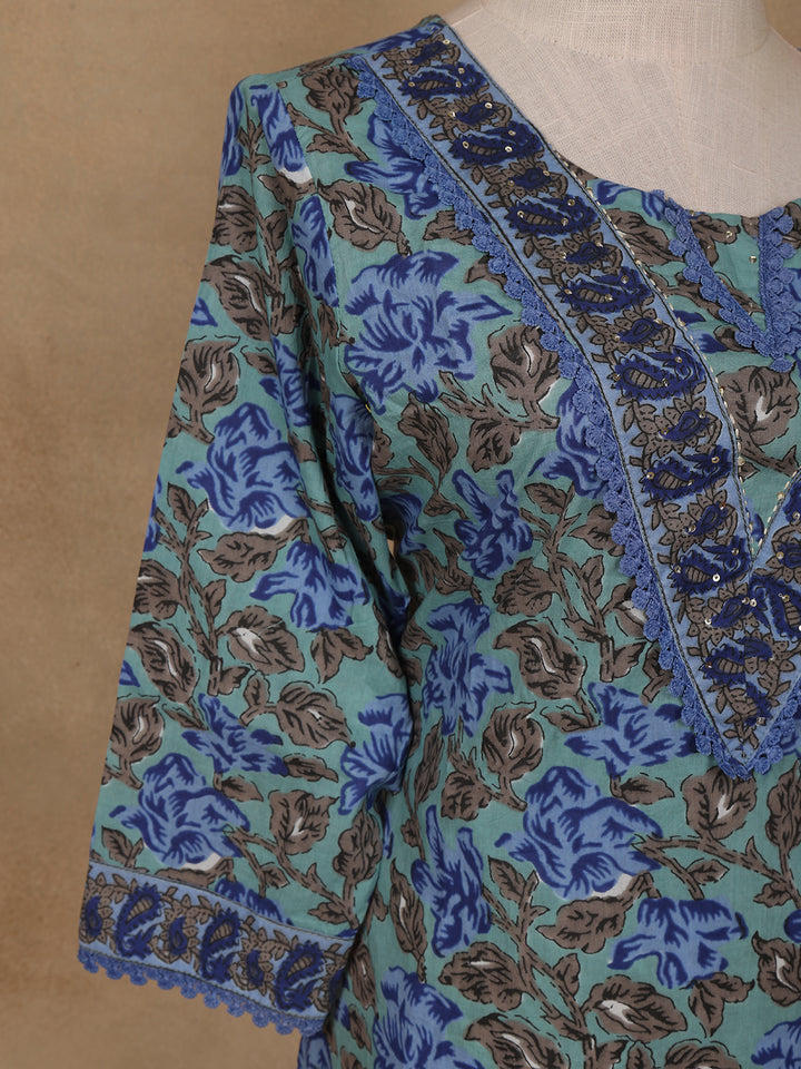 Green Floral Design Printed Cotton Salwar Suit - Diadem