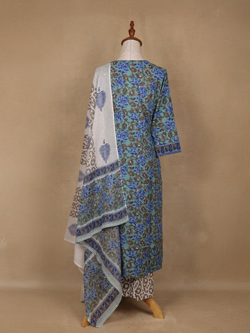 Green Floral Design Printed Cotton Salwar Suit - Diadem
