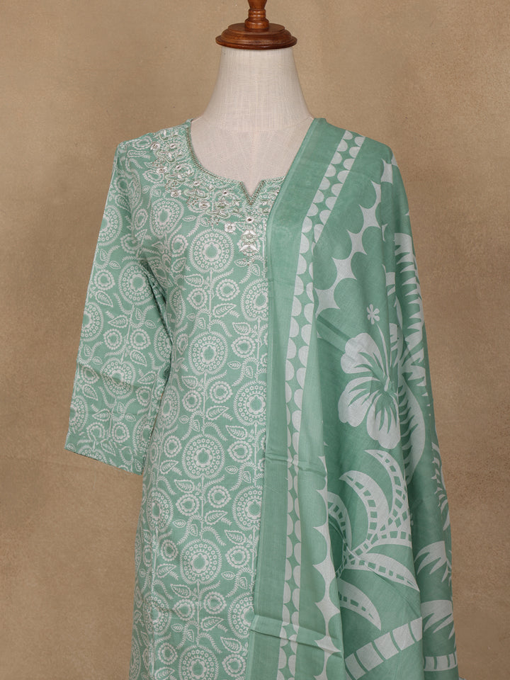 Green Floral Design Printed Cotton Salwar Suit - Diadem