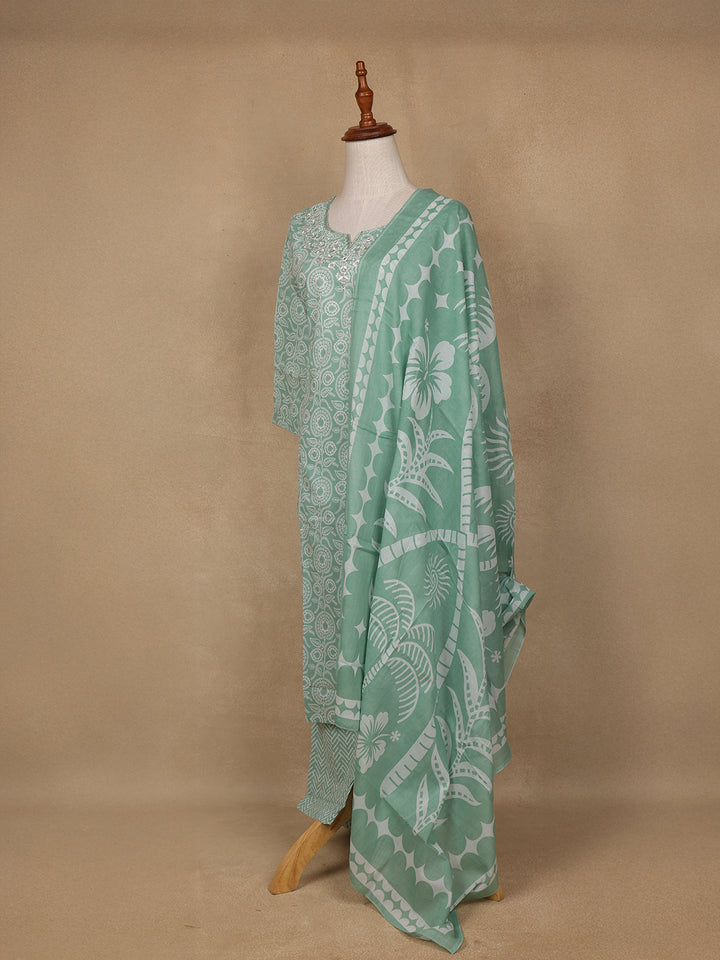 Green Floral Design Printed Cotton Salwar Suit - Diadem