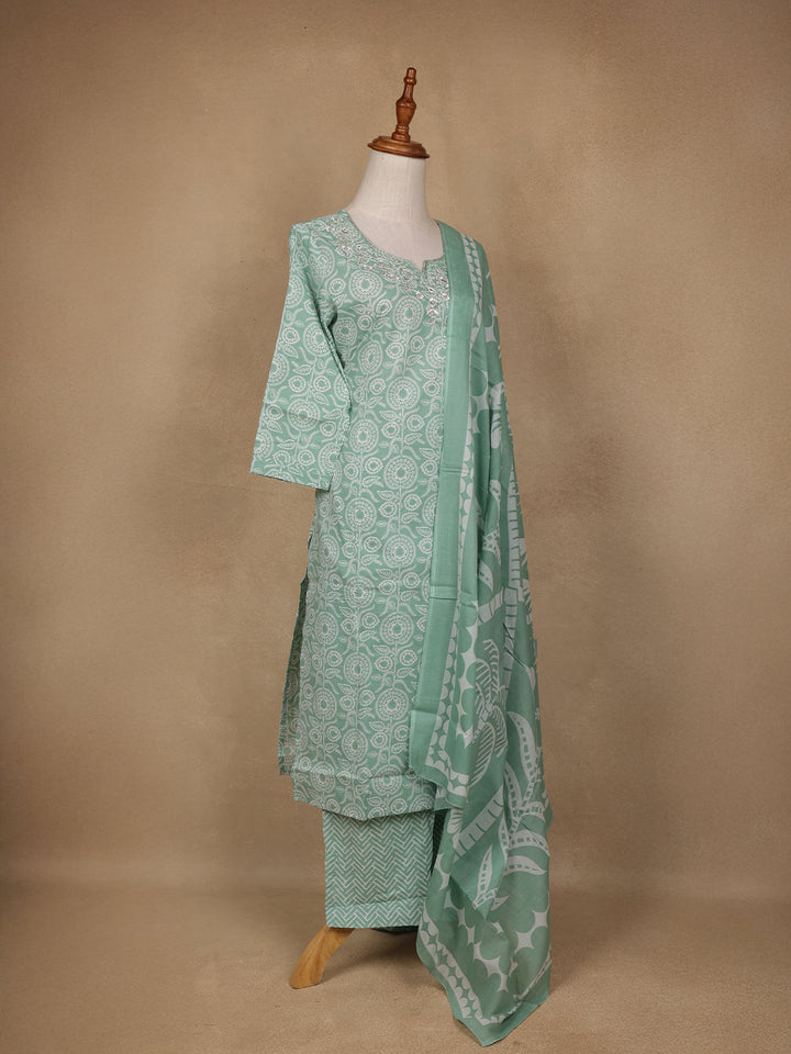 Green Floral Design Printed Cotton Salwar Suit - Diadem