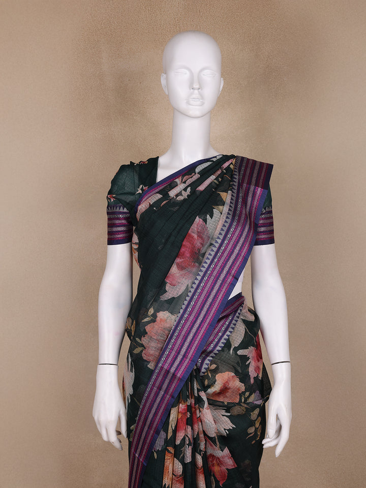 Green Floral Design Printed Kota Cotton Saree - Diadem