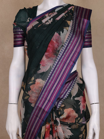 Green Floral Design Printed Kota Cotton Saree - Diadem