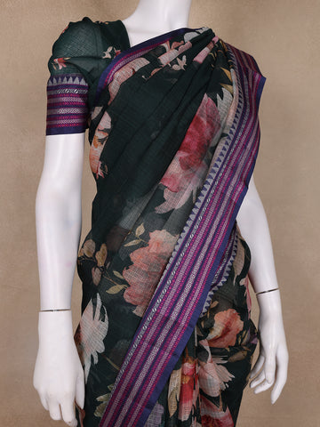 Green Floral Design Printed Kota Cotton Saree - Diadem