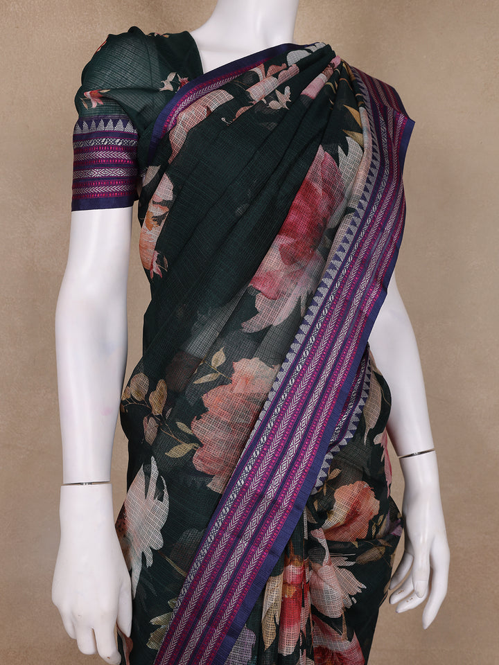 Green Floral Design Printed Kota Cotton Saree - Diadem