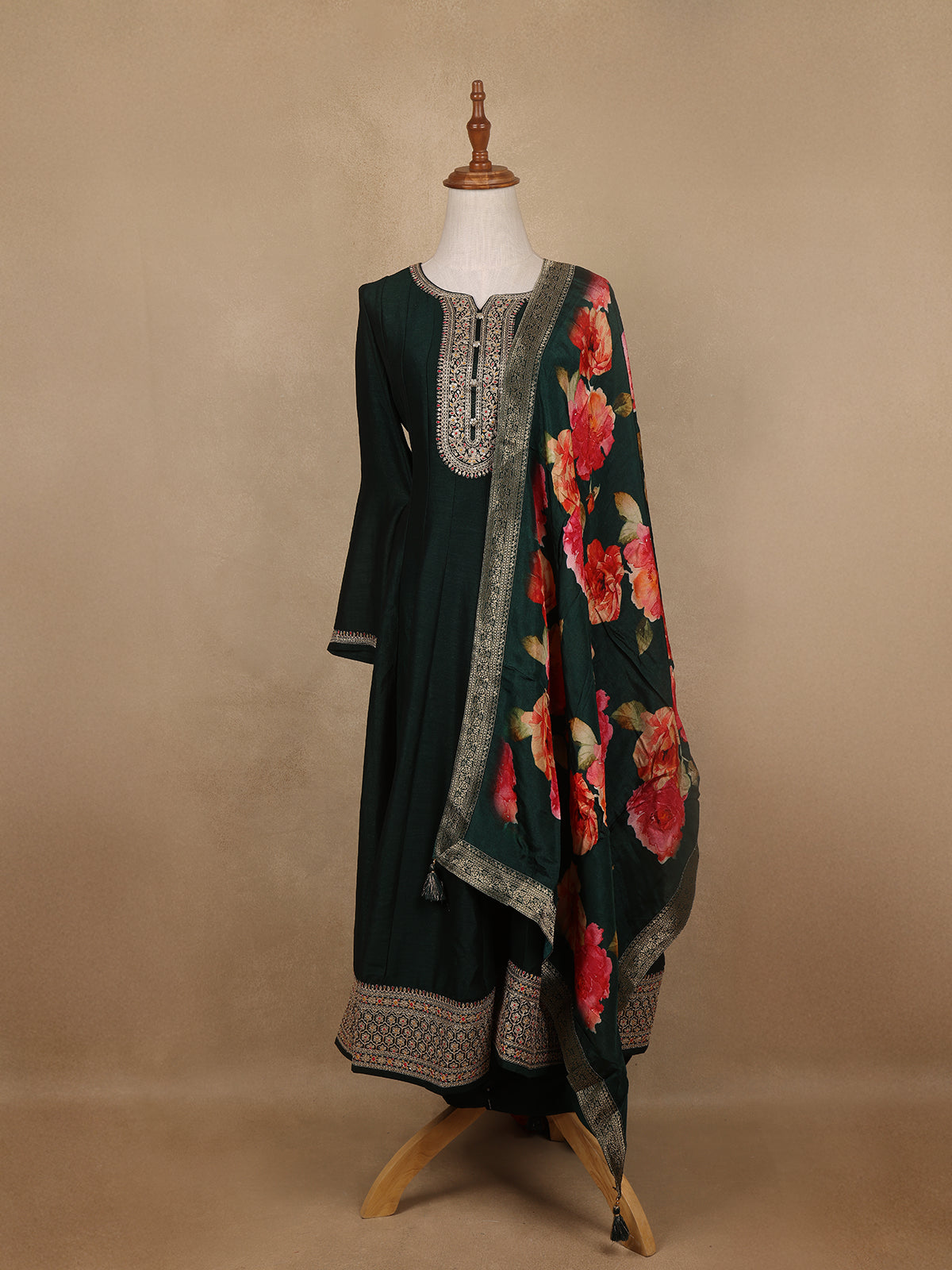 Green Sequins Design Printed Semi Silk Anarkali Salwar Suit - Diadem
