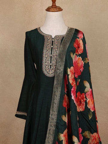 Green Sequins Design Printed Semi Silk Anarkali Salwar Suit - Diadem