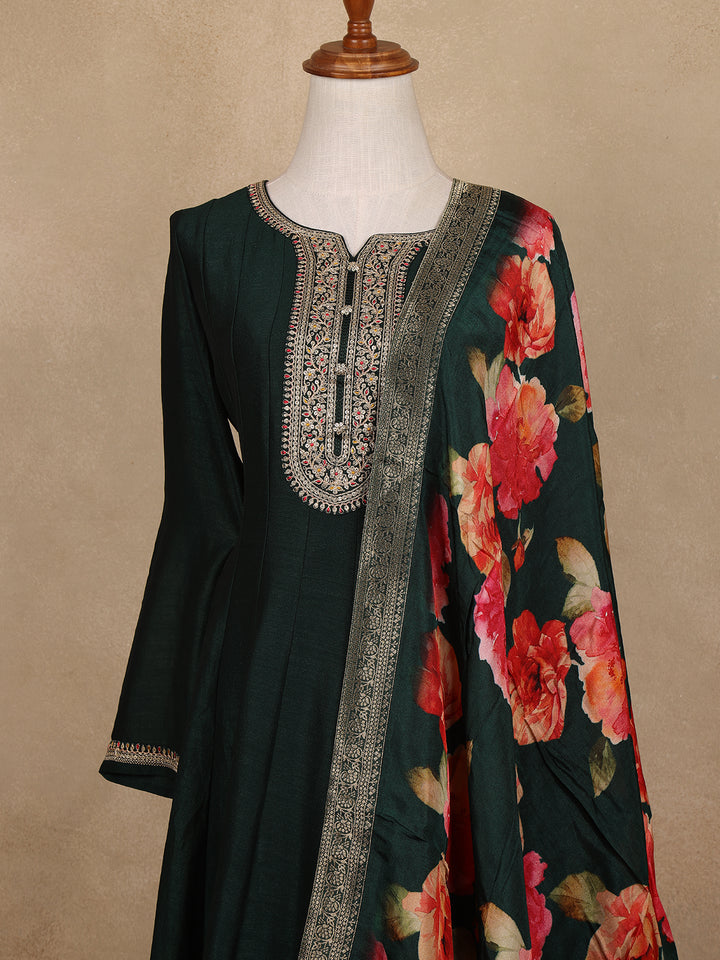Green Sequins Design Printed Semi Silk Anarkali Salwar Suit - Diadem