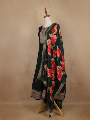 Green Sequins Design Printed Semi Silk Anarkali Salwar Suit - Diadem