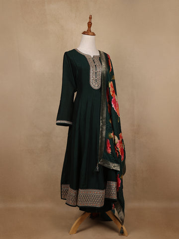 Green Sequins Design Printed Semi Silk Anarkali Salwar Suit - Diadem