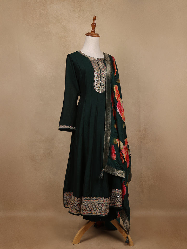 Green Sequins Design Printed Semi Silk Anarkali Salwar Suit - Diadem