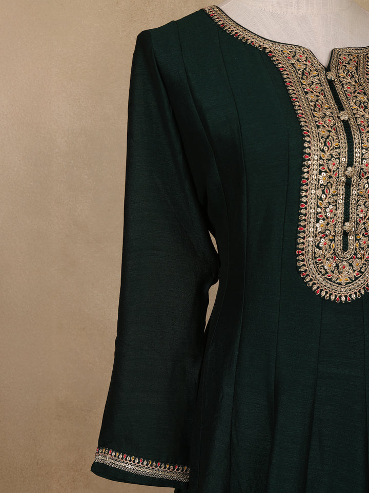 Green Sequins Design Printed Semi Silk Anarkali Salwar Suit - Diadem