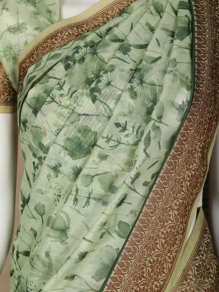 Green Floral Designed Chanderi Cotton Saree - Diadem