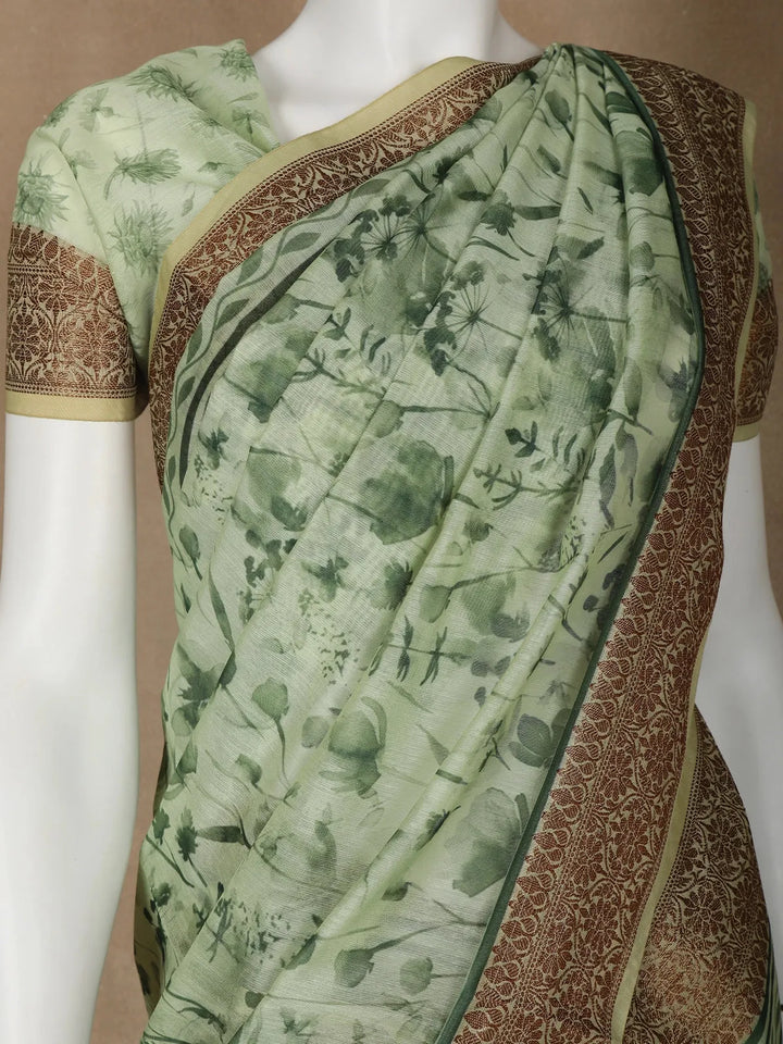 Green Floral Designed Chanderi Cotton Saree - Diadem