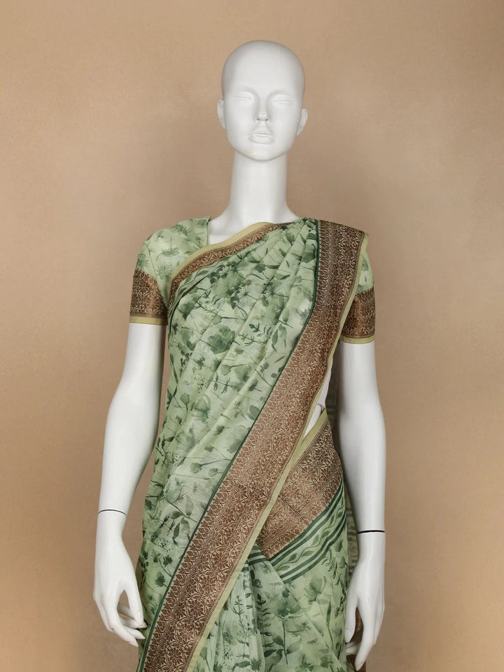 Green Floral Designed Chanderi Cotton Saree - Diadem