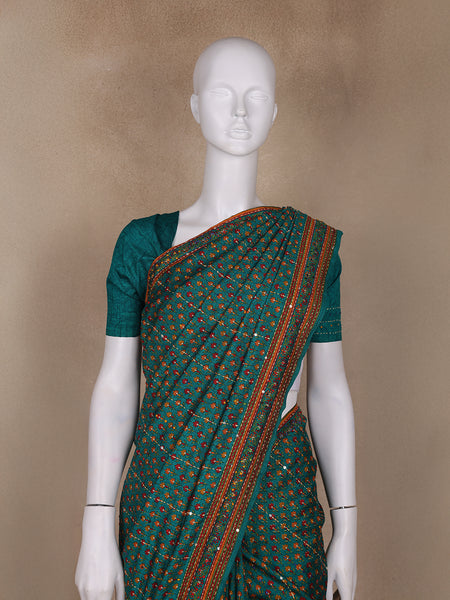 Green Floral Designed Chanderi Cotton Saree - Diadem
