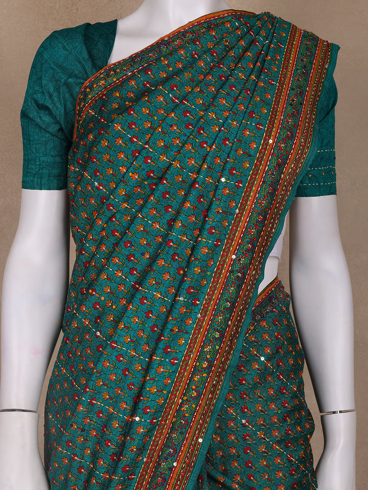 Green Floral Designed Chanderi Cotton Saree - Diadem
