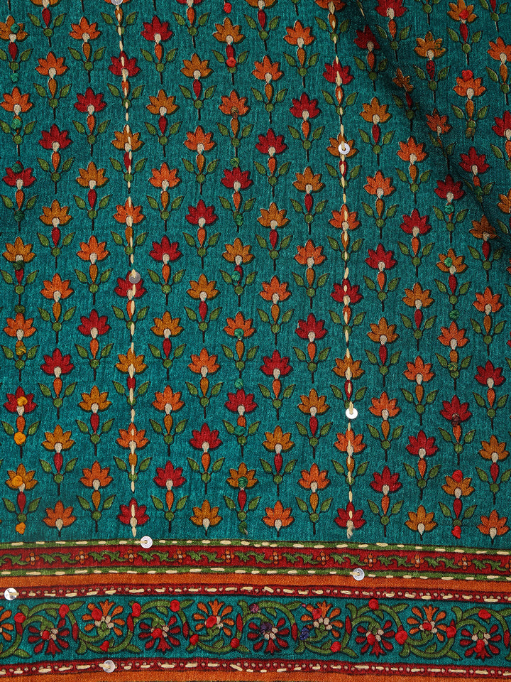 Green Floral Designed Chanderi Cotton Saree - Diadem