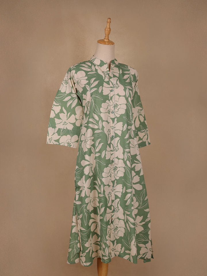 Green Floral Designed Cotton Kurti - Diadem