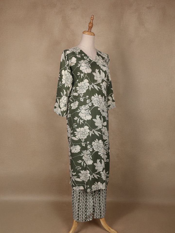 Green Floral Designed Cotton Salwar Suit - Diadem