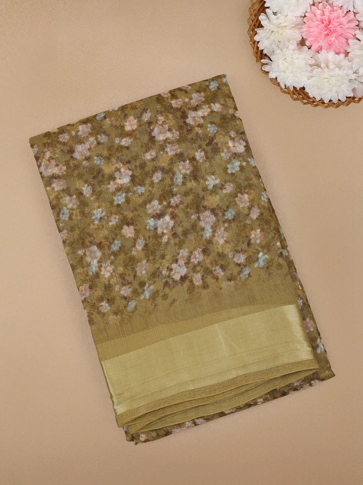 Green Floral Designed Fancy Cotton Saree - Diadem