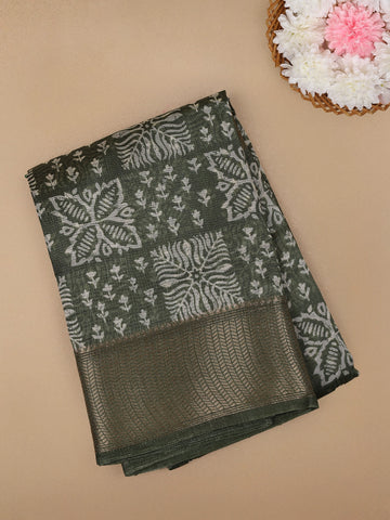 Green Floral Designed Fancy Cotton Saree - Diadem