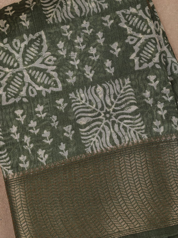 Green Floral Designed Fancy Cotton Saree - Diadem