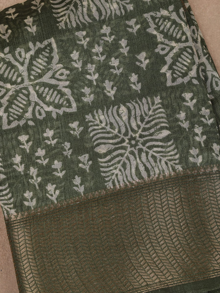 Green Floral Designed Fancy Cotton Saree - Diadem