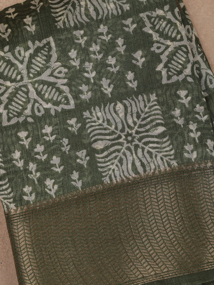 Green Floral Designed Fancy Cotton Saree - Diadem