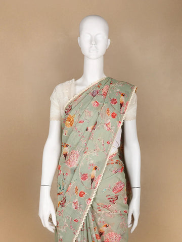 Green Floral Designed Georgette Fancy Saree - Diadem