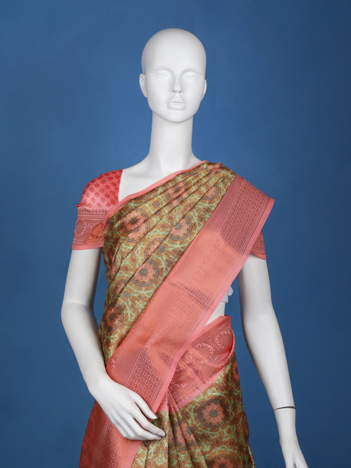 Green Floral Designed Kora Printed Saree - Diadem