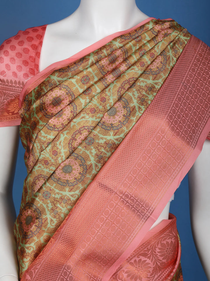 Green Floral Designed Kora Printed Saree - Diadem
