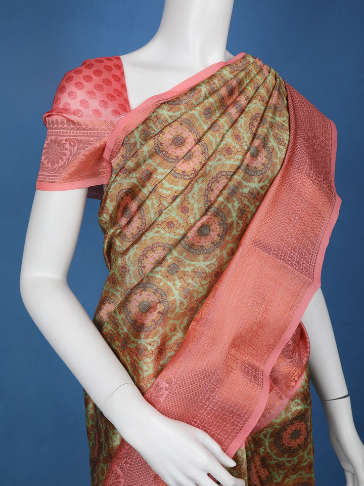 Green Floral Designed Kora Printed Saree - Diadem