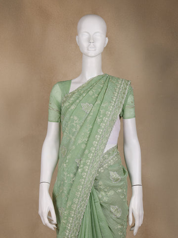 Green Floral Designed Organza Designer Saree - Diadem