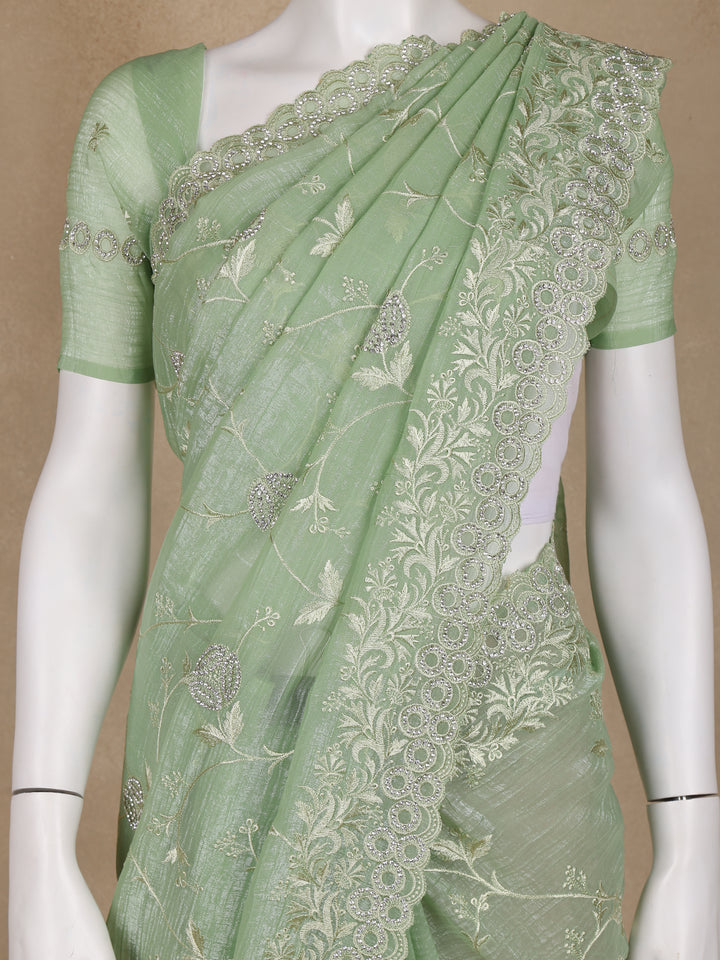 Green Floral Designed Organza Designer Saree - Diadem