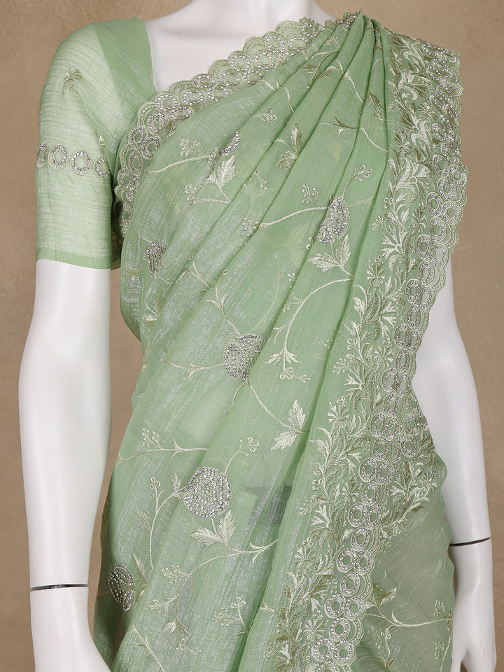 Green Floral Designed Organza Designer Saree - Diadem