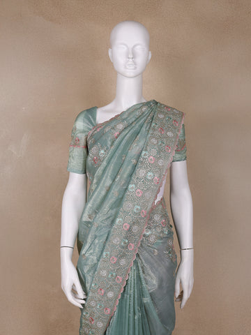 Green Floral Designed Organza Designer Saree - Diadem