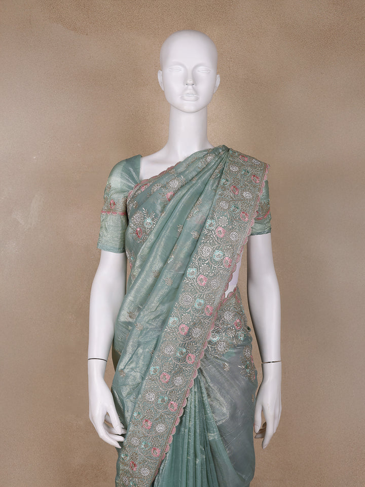 Green Floral Designed Organza Designer Saree - Diadem