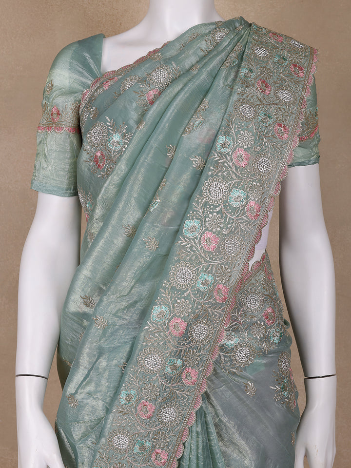 Green Floral Designed Organza Designer Saree - Diadem
