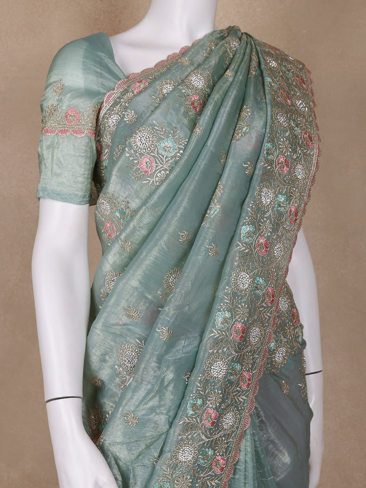 Green Floral Designed Organza Designer Saree - Diadem